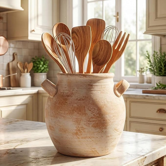 Havawish Rustic Kitchen Utensil Holder for Countertop - Farmhouse Ceramic Utensil Crock with Handle for Spatulas Vintage Kitchen Utensils Holder Cooking Organizer, Fit Ladle, Eggbeater (Rustic Beige)