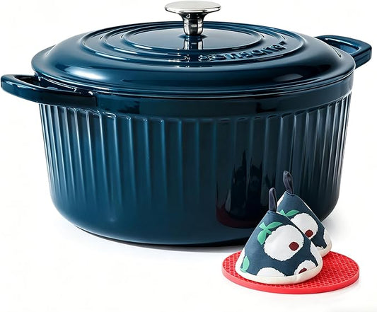 SENSARTE Enameled Cast Iron Dutch Oven Pot with Lid 3.5/5.5/6.5 Quart Heavy-Duty Round Dual Handles Kitchen Pot with Cotton Potholders & Silicone Trivet, Pot for Bread Baking, Stews, Braising, Roasting, Oven Safe, 5.5 Quart, Emerald Green