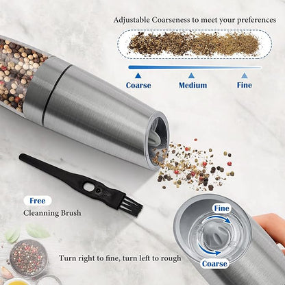 Gravity Electric Salt and Pepper Grinder Set, Battery Powered LED Light One Hand Automatic Operation, Adjustable Coarseness Mill Grinders Shakers Black (B.Silver 2p)