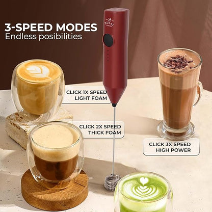Zulay Kitchen Rechargeable Milk Frother - Dynamic - 3 Speeds, 3 Whisk Attachments, 500 mAh USB Charging, Drink Mixer For Latte, Cappuccino, Matcha, Protein Powder, Coffee Foam - Red Black - Image 4