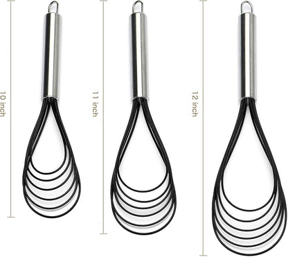 Flat Whisk Set,Stainless Steel 3 Pack 10''+11''+12'' Premium Sturdy-6 Silicone Heads Non Stick Wires Whisk for Blending Beating Stirring Kitchen Cooking by Jell-Cell (Black) - Image 5