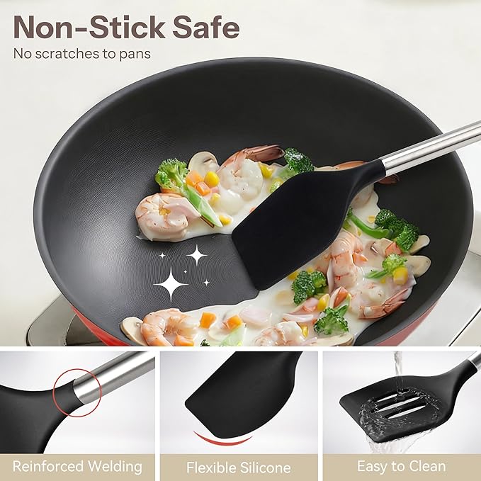 NCUE Silicone Cooking Utensils Set, 28 Pcs Kitchen Utensils Set 446°F Heat Resistant Spatula Set, Food Grade Silicone and Stainless Steel Handle Kitchen Gadgets for Nonstick Cookware BPA Free - Image 6