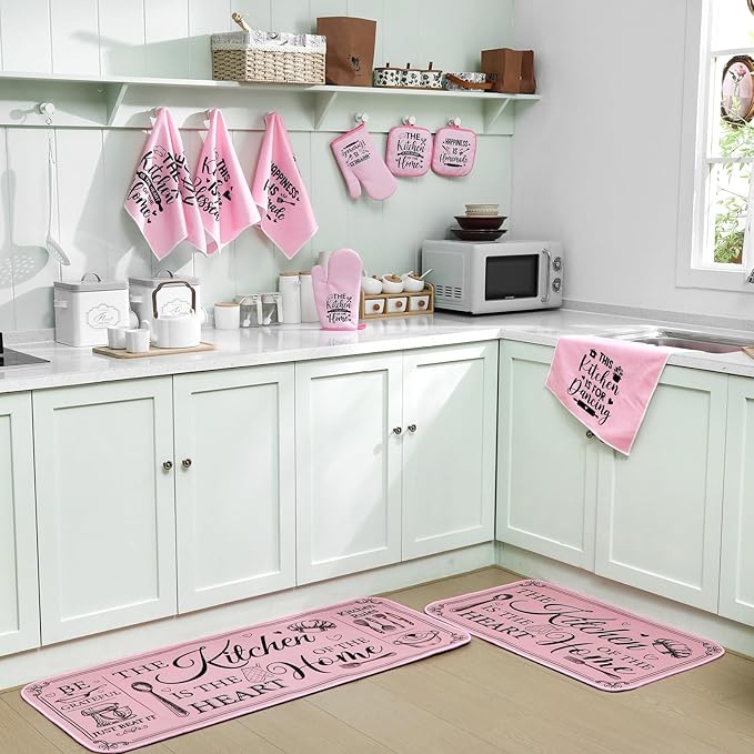 Fourluoo 10 Pcs Farmhouse Kitchen Decor and Accessories Set 4 Kitchen Towels 2 Pot Holders 2 Oven Mitts 2 Rugs for Cooking Baking Mom Housewarming Gifts(Pink,Classic Style) - Image 7