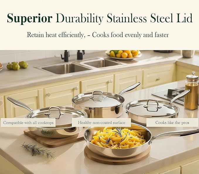12 Inch Tri-Ply Stainless Steel Frying Pan, Frying Pan with Lid, PFOA/PTFE Free Skillet, Induction Cooking Pans, Dishwasher & Oven Broiler Safe 600F, Professional Cookware, Heavy Duty & Even Heat - Image 2