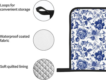 Blue and White Porcelain Floral Butterfly Oven Mitts and Pot Holders Set of 4,Vintage Chinoiserie Heat Resistant Non-Slip Potholders Oven Gloves and Pad for Kitchen Cooking Baking Grilling BBQ
