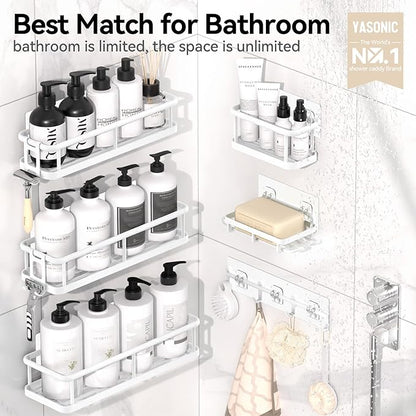 YASONIC Shower Caddy, Large Capacity Bath Organizer with Soap Holder and 12 Hooks, 6 Pack Rustproof Bathroom Shelves for Inside Shower, No Drilling&Sleek Bathroom Organizers and Storage White - Image 2