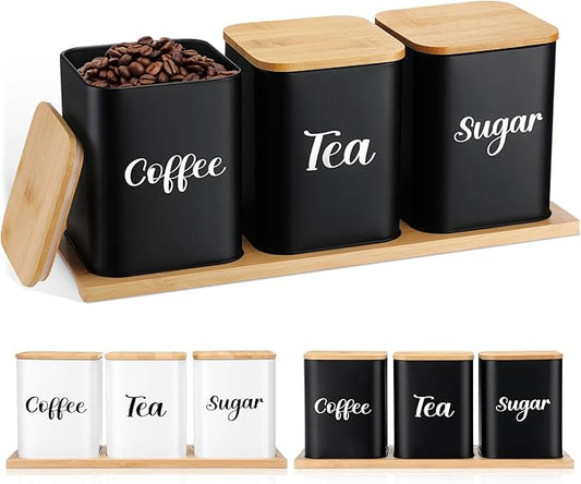 Tioncy Coffee Tea Sugar Container with Tray Set of 3 Airtight Metal Canister with Bamboo Lid Tray for Kitchen Counter Dining Room Farm House Kitchen Style Drink Station Organizer Set (Black) by Tioncy