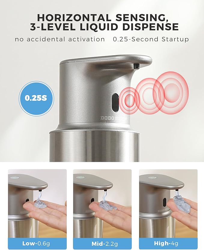 Automatic Liquid Soap Dispenser Touchless, 304 Stainless Steel Bottle Body &16.2oz/480ml Rechargeable, 3 Adjustable Liquid Levels, IPX7 Waterproof, for Kitchen Bathroom, Stainless Steel - Image 3