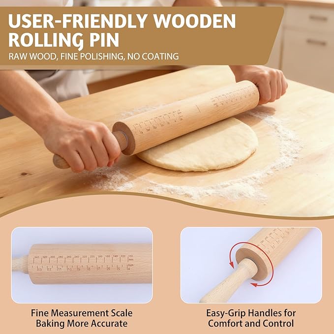 Long Adjustable Wood Rolling Pin: 21.1 Inch Rolling Pin with Thickness Rings and Measurement - Wooden Dough Roller for Baking Pastry Pizza Pie Crust Tortillas Cookie Bread - Bakers Baking Lovers - Image 3