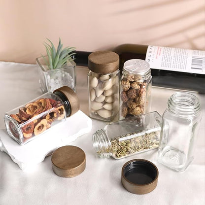 ZEHIQ 12Pcs 4oz Square Glass Spice Jars with Moisture-Proof Acacia Wood Lids, Food-Grade Seasoning Containers with Shaker Lids, 268 Labels, Markers, Funnel & Brush for Pantry Cabinet Drawer Storage