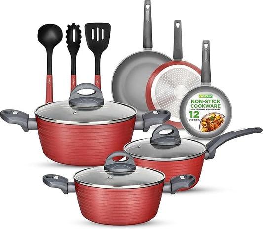 NutriChef 12-Piece Nonstick Kitchen Cookware Set-PTFE/PFOA/PFOS-Free Heat Resistant Lacquer Kitchen Ware Pots Pan Set Dark Gray/Red- Saucepot, Pans, Cooking Pot Oven Pot, Lid, Utensil - NCCW12RED by NutriChef%E2%84%A2Kitchen
