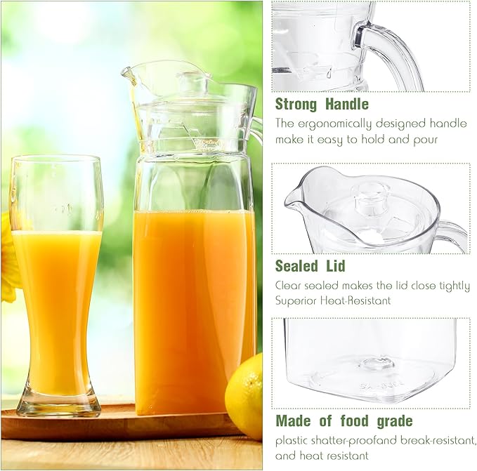 Didaey 4 Pcs Acrylic Water Pitcher with Lid, Spout Handle Clear Plastic Pitcher Heat Resistant Carafe Unbreakable Beverage Container Fridge Jug for Juice Ice Tea Sangria Lemonade(54 oz,Diamond)