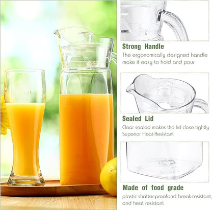 Didaey 4 Pcs Acrylic Water Pitcher with Lid, Spout Handle Clear Plastic Pitcher Heat Resistant Carafe Unbreakable Beverage Container Fridge Jug for Juice Ice Tea Sangria Lemonade(54 oz,Diamond)