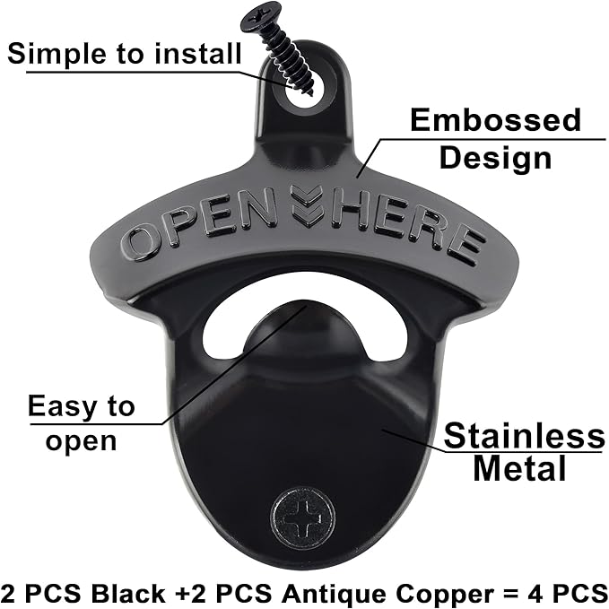 Rustproof Wall Mounted Beer Opener Black, Retro Post Mounted Soda Bottle Cap Opener Antique Copper(4 PCS)