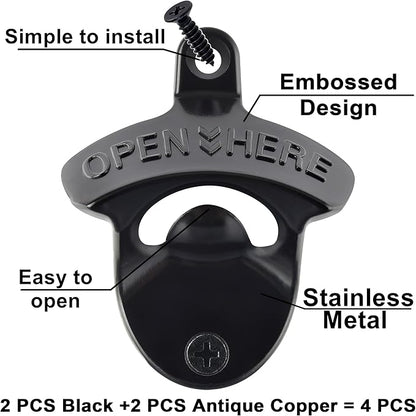 Rustproof Wall Mounted Beer Opener Black, Retro Post Mounted Soda Bottle Cap Opener Antique Copper(4 PCS)