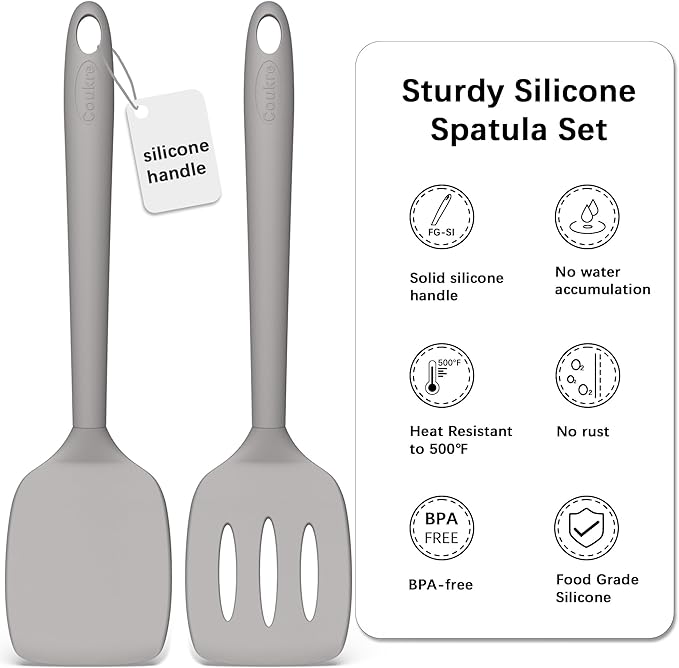 Coukre 2 Pack Silicone Spatula Set, High Heat Resistant, BPA Free Kitchen Spatula, Solid & Slotted Turner for Non-Stick Pans, Sautéing, and Flipping(2, PureGray) - Image 3