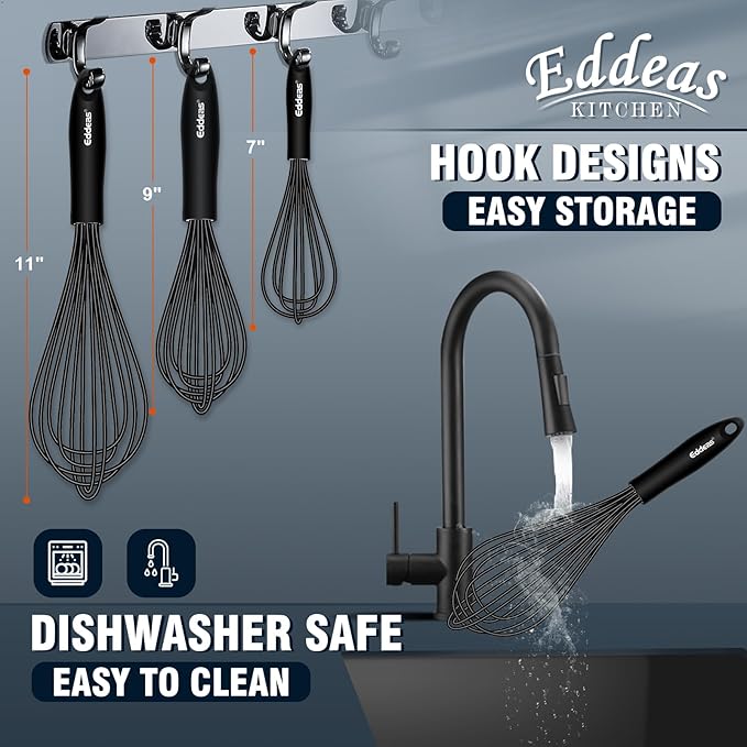 Whisks For Cooking - 500 °F Heat Resistant Silicone Whisk, Heavy Duty 7",9"&11inch Non-Scratch Balloon Kitchen Wisk tool Set, for cooking Wisking, Blending, Beating, Stirring, 3 Piece Black - Image 5