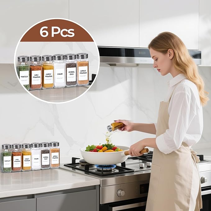 ComSaf Spice Jars with Shaker lids Adjustable, 8oz 6PCS，9 DIY Labels, Spice Jars Trial Set & Supplement Set, Empty Ingredient Containers and Square Ingredient Bottles for Kitchen and Seasoning - Image 7