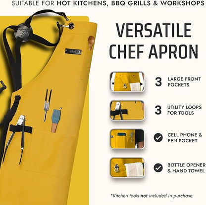 Asaya Chef and BBQ Apron with Bottle Opener and Hand Towel - 10oz Cotton Canvas, Stainless Steel Hardware - Cross Back Straps - Image 2