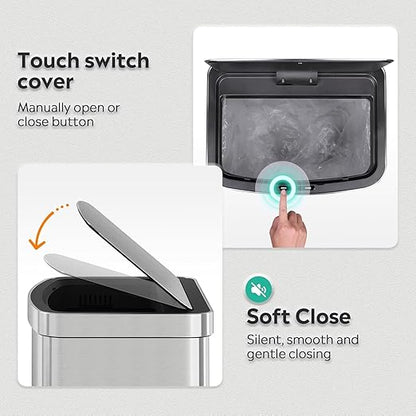 WLIVE 16 Gallon Touchless Motion Sensor Trash Can, 60L Stainless Steel Automatic Kitchen Waste Bin with Soft Close Lid for Home Office, Silver