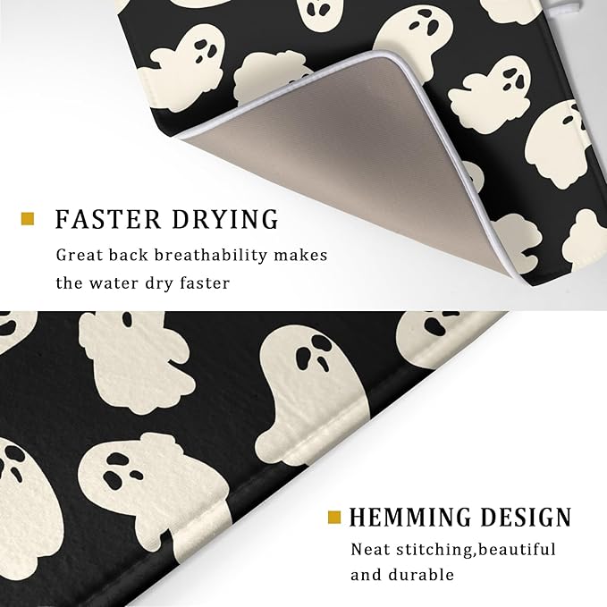 Halloween Ghost Dish Drying Mat 16X18 Inch Spooky Halloween Drying Mat for Kitchen Counter Black White Absorbent Microfiber Reversible Dishes Pad Dish Drainer Mat for Halloween Kitchen Accessories