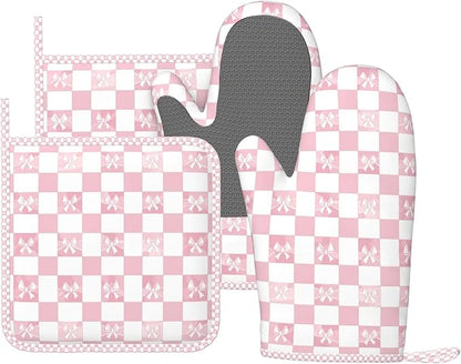 Oven Mitts and Pot Holders Pink Check Bow Pattern Silicone Kitchen Accessories Set of 4 Heat Resistant Long Gloves Potholder Non-Slip Grip for Chef Cooking Baking Grilling BBQ