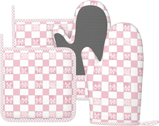 Oven Mitts and Pot Holders Pink Check Bow Pattern Silicone Kitchen Accessories Set of 4 Heat Resistant Long Gloves Potholder Non-Slip Grip for Chef Cooking Baking Grilling BBQ