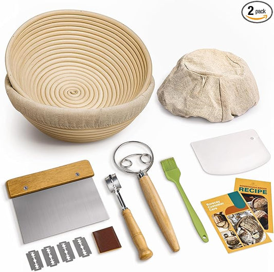 Rorecay Banneton Bread Proofing Baskets Set of 2, 9 Inch Round Cane Sourdough Bread Rising Basket Bowls with Sourdough Bread Making Tools Baking Supplies for Sour Dough Proofing Fermentation by Rorecay