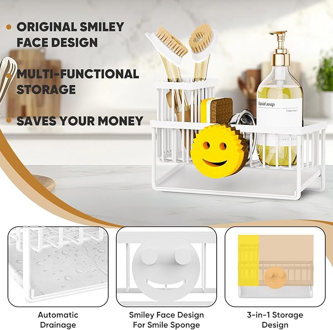 Sponge Holder for Kitchen Sink,Smiley Face Sink Caddy with Removable Brush Holder,Self-Draining Sponge Caddy for Sponge,Soap,Dish Brush,Scrubber,Kitchen Essentials and Gadgets-White - Image 3