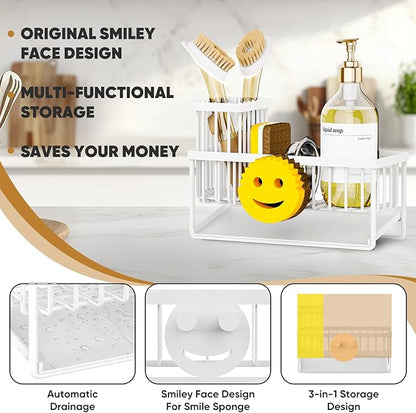 Sponge Holder for Kitchen Sink,Smiley Face Sink Caddy with Removable Brush Holder,Self-Draining Sponge Caddy for Sponge,Soap,Dish Brush,Scrubber,Kitchen Essentials and Gadgets-White - Image 3