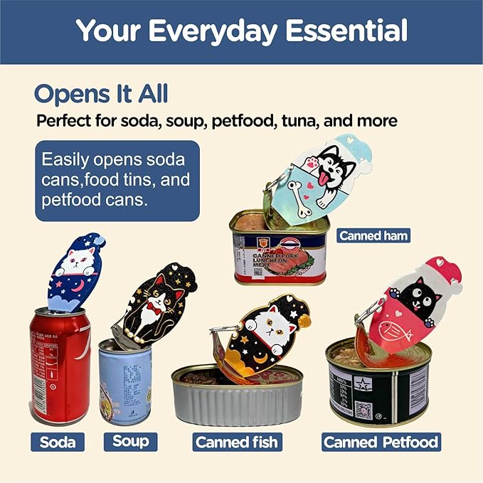 Ring Pull Can Opener for Soda Food Cat Cans Easy Open Tool for Weak Hands Arthritis Seniors Long Nails Magnetic Portable with Lanyard Dishwasher Safe Mothers Day Gift Blue Kitty