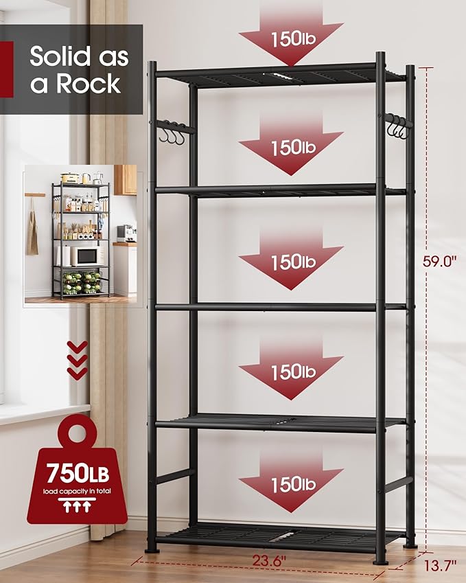 Sakugi Storage Shelves - 5-Tier Large Capacity Shelf Organizer with Hooks, Heavy-Duty Garage Shelving with Leveling Feet, Wobble-Free Rack for Bedroom, Balcony, Garage, 23.6"×13.7"×59", White - Image 3