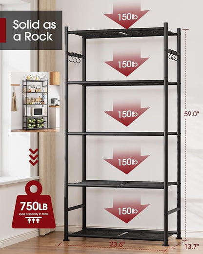 Sakugi Storage Shelves - 5-Tier Large Capacity Shelf Organizer with Hooks, Heavy-Duty Garage Shelving with Leveling Feet, Wobble-Free Rack for Bedroom, Balcony, Garage, 23.6"×13.7"×59", White - Image 3