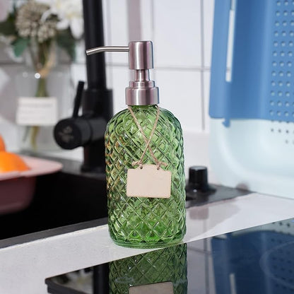 16 oz Diamond Pattern Glass Soap Dispenser, Kitchen and Bathroom Refillable Soap Dispenser with Rust Resistant Stainless Steel Pump for Hand Soap, Lotion Glass Liquid Dispenser(Green-2pack) - Image 2