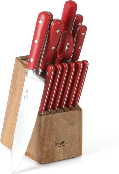 MARTHA STEWART Eastwalk 14 Piece High Carbon Staineless Steel Cutlery Knife Block Set w/ABS Triple Riveted Forged Handle Acacia Wood Block - Red by MarthaStewart