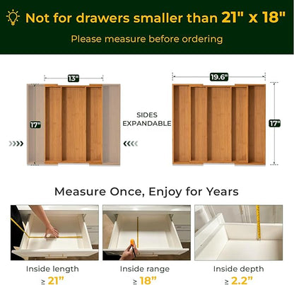Carbonized Bamboo Kitchen Drawer Organizer, 5 Slots Expandable Silverware Organizer, Utensil Holder & Cutlery Tray, 2.2" Deep for Extra Capacity, Non-Slip Feet Included.