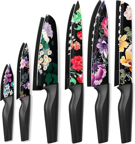 Astercook Knife Set, 12-Piece Flower Kitchen Knives Sets with Blade Guards, Dishwasher Safe, German High Carbon Stainless Steel, Perfect Gifts for Kitchen by Astercook