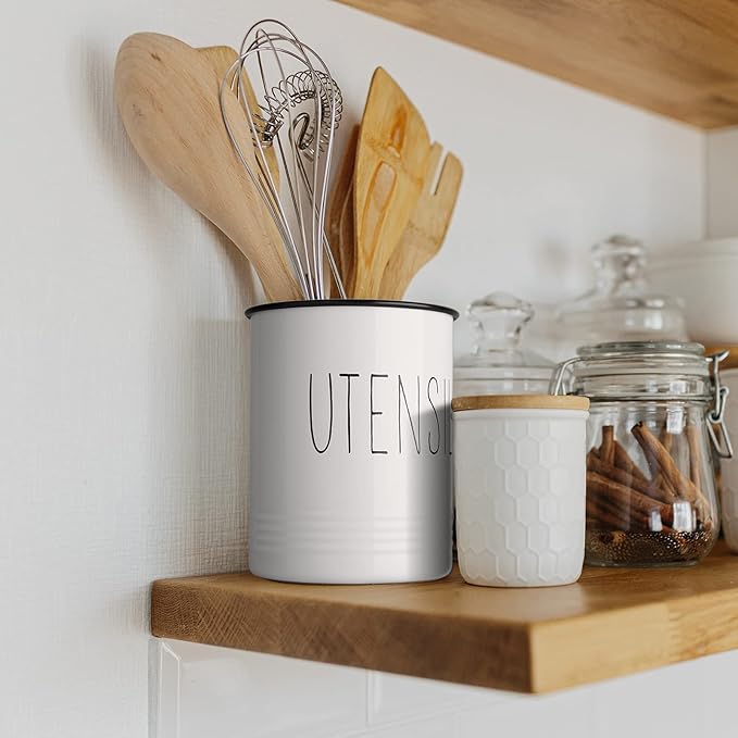 Bivvclaz Kitchen Utensil Holder, 6.7" Utensil Holder for Kitchen Counter, Cooking Utensil Crock with Cork Bottom, Modern Farmhouse Decor, Countertop Utensil Storage Caddy Organizer, White - Image 6