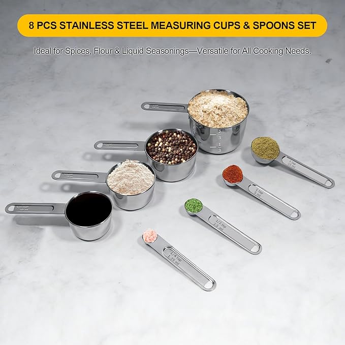 Stainless Steel Measuring Cups and Spoons Set, 8 PCS Long Handle Measure Cups and Spoons Premium Stackable Measuring Cups for Kitchen Cooking & Baking, Dry & Liquid Dishwasher Safe - Image 3