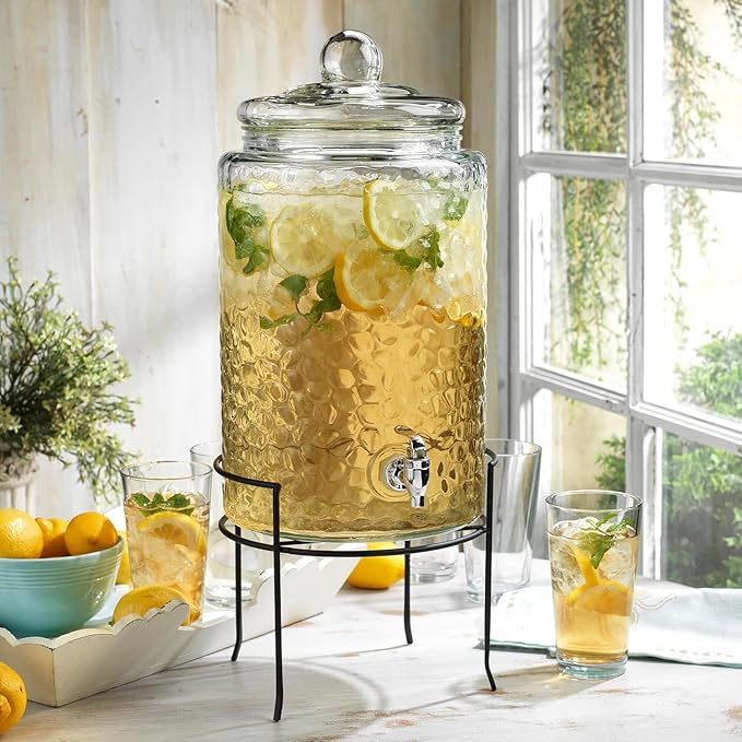 MosJos 3 Gallon Glass Drink Dispenser with Metal Stand & Lid – Hammered Beverage Dispenser with Leakproof Spigot, Wide Mouth for Easy Fill – Ideal for Parties, Lemonade, Iced Tea, Sangria & More - Image 2