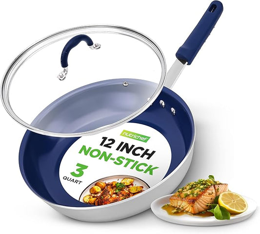 NutriChef 12" Fry Pan With Lid - Large Skillet Nonstick Frying Pan with Silicone Handle, Ceramic Coating, Blue Silicone Handle, Stain-Resistant, Easy To Clean, Professional Home Cookware