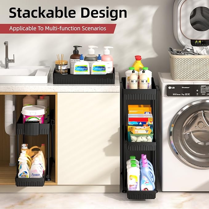 Sevenblue 4 Pack Under Sink Organizer, Bathroom Organizers and Storage, 2 Tier Multi-Use Pull Out Cabinet Organizer with Hang Hooks and Cups (Black, 4 Pack) - Image 5