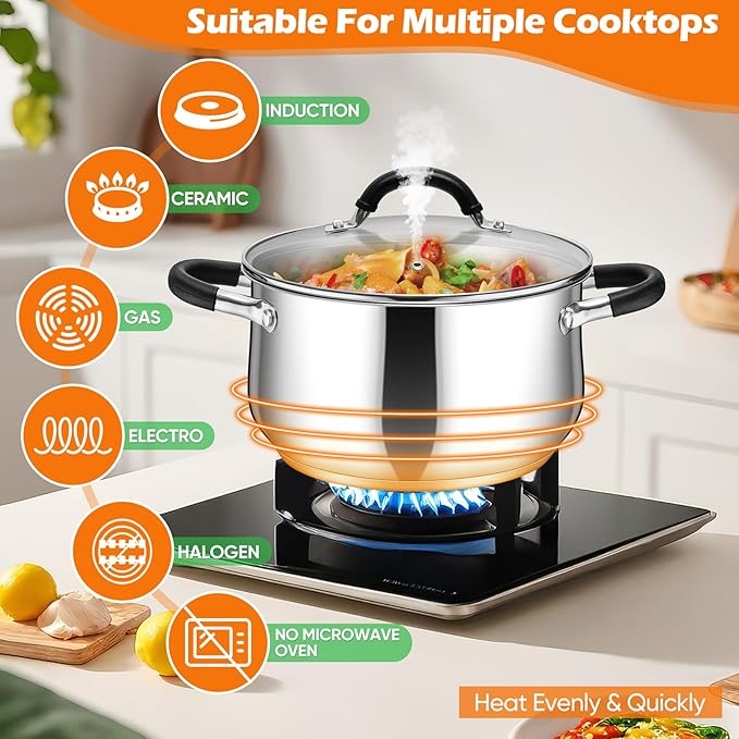 P&P CHEF Stainless Steel Stock Pot, 8 Qt Cooking Soup Pot with Visible Lid for Pasta, Tri-Ply Bottom & Dual Heatproof Handles, For Induction Gas All Stoves, Non-Toxic & Dishwasher Safe - Image 6