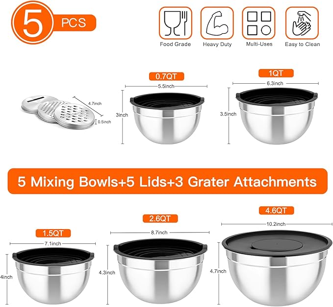 TeamFar Mixing Bowls with Airtight Lids, 5PCS Stainless Steel Metal Salad Bowl with 3 Grater Attachments, for Cooking, Prepping, Serving, Healthy & Easy Clean - 0.7/1/1.5/2.6/4.6QT, Black - Image 2