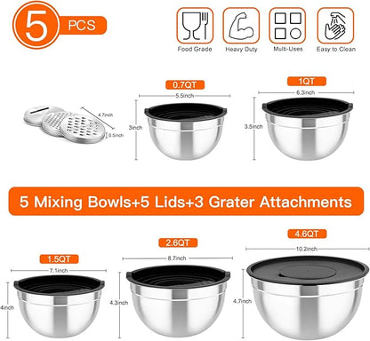 TeamFar Mixing Bowls with Airtight Lids, 5PCS Stainless Steel Metal Salad Bowl with 3 Grater Attachments, for Cooking, Prepping, Serving, Healthy & Easy Clean - 0.7/1/1.5/2.6/4.6QT, Black - Image 2