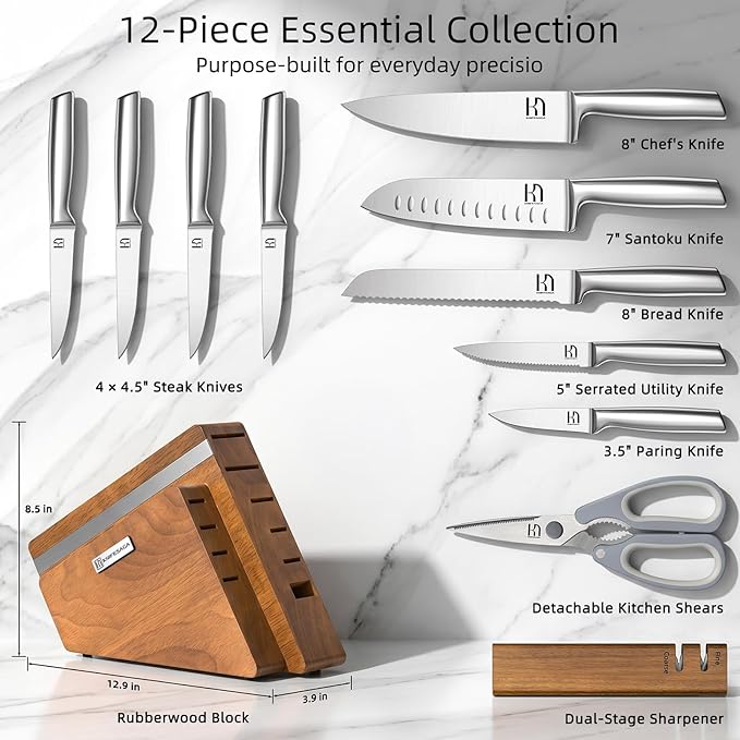KnifeSaga Kitchen Knife Set with Block and Sharpener | 12-Piece Premium High Carbon Stainless Steel Knife Block Set, Ergonomic Anti-Slip Handle, Rubberwood Knife Block