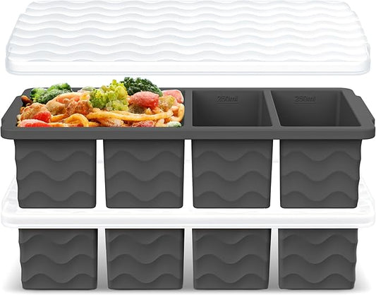 Doasuwish Silicone Freezer Tray for Soup with Lid – 1-Cup Soup Container Style Ice Cube Trays for Freezer, Meal Prep & Food Storage, Freeze 250mL/125mL Portions – 2 Pack