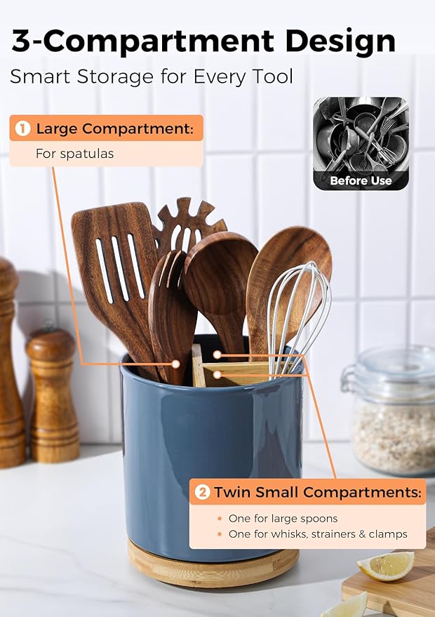LoeJan 3 Compartment Utensil Holder, Extra Large Utensil Crock, Stable Ceramic Utensil Organizer, Cooking Tool Organizer Set for Kitchen Counter Farmhouse Decor, Blue - Image 3