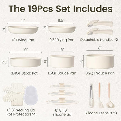 Chef Power Ceramic Cookware Set Non Toxic with Detachable Handles, Healthy Nonstick Pans and Pots Set 19 Pcs, Induction Dishwasher Oven Safe Kitchen Set, PFAS PFOA & PTFE Free, Cream White - Image 2