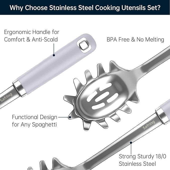 Safring Stainless Steel Soup Ladle and Spaghetti Spoon Set, Heat Resistant Rubber Handle, Dishwasher Safe, Kitchen Utensils for Cooking, Stirring, Serving Pasta, Soup & Sauce (Lavender) - Image 3